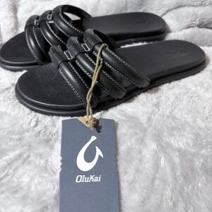 OluKai‎ Tiare Slide Womens W9 Black Leather Premium Footwear Island Lifestyle